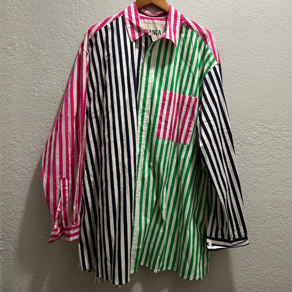Blanca Studio Oversized Colorblock Striped Button Up Shirt Green & Pink Colorway
